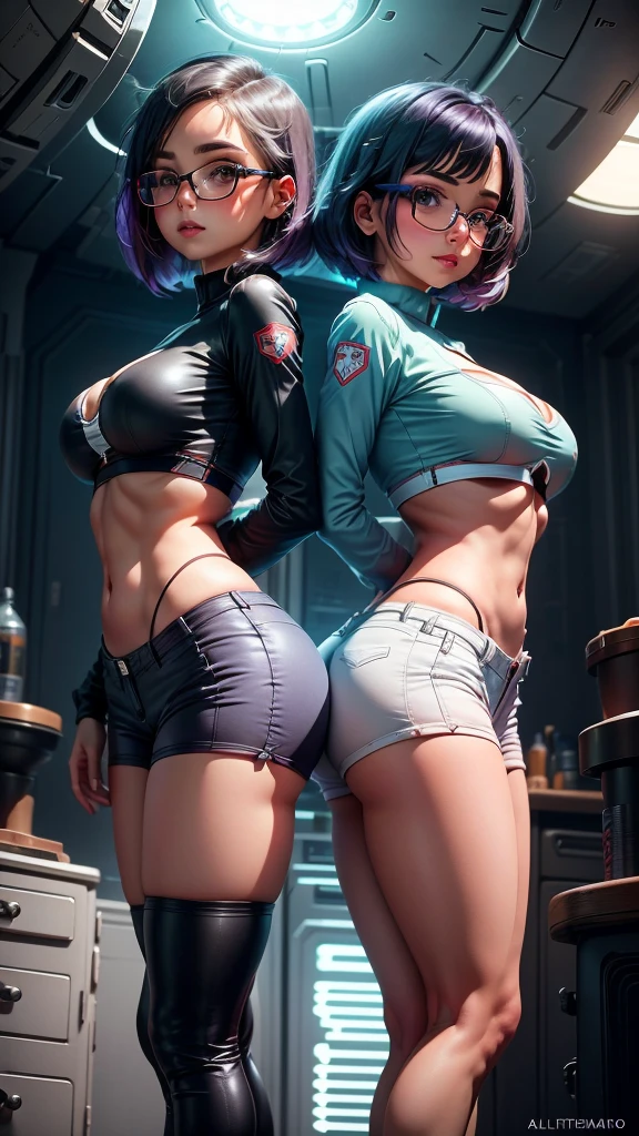 Goth waifu, slim, ((((very toned, very fit)))), skin tight leather short shorts, bare legs, lace corset, midriff, ass focus ,from behind view, full body, thin glasses, purple hair highlights,microwaist, (Sweet girl), 1 chica, (Asian), (joven), corto hair, (camisa apretada), (corto, corto), (mini falda), (pechos grandes), (maximum detail), (fondo borroso), (crisp texture), (Ultra texturas), aspectos destacados profesionales, pecas en la cara, (Of the highest quality), (realista), contraste medio, pelo multicolor, (bien), sonrisa feliz y enojada, (8K), (16k) , (obra maestra), (preciso), (anatomically correct), (piel texturizada), detalles altos, Alta calidad, (16k), (high resolution), (Representation), (isla), (cabello rizado medio largo), (tiro largo), (Turns to the camera), (walk backwards), (Piernas moderadamente musculosas), sensual, (cuerpo completo), (small waist), (como el trasero), (Pechos grandes: 1.2), girl height 1.50 m, obra maestra,