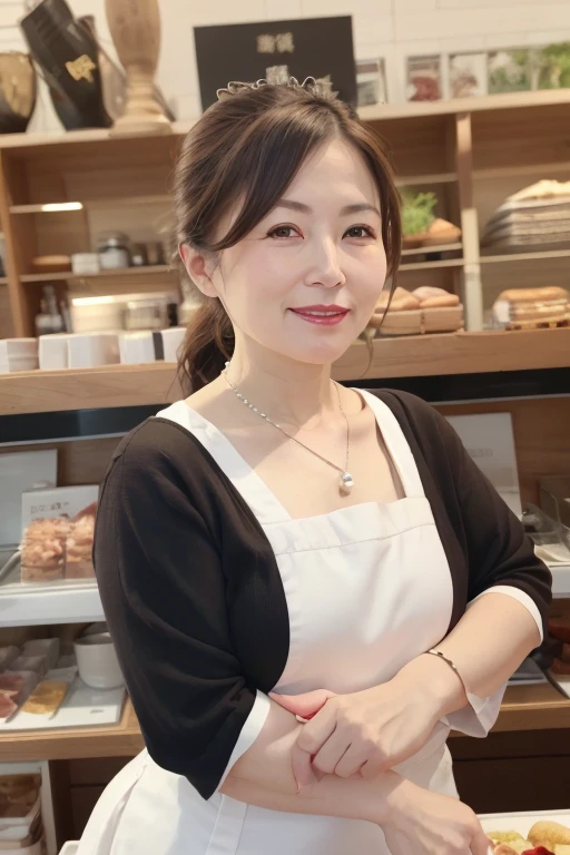 a mature elegant japanese woman, 55 years old, slim body, lady, extremely detailed face, beautiful lips, very detailed face, long eyelashes, chubby body, lolita dress, ((full body)), sexy, glamorous, ((low ponytail)), pearl necklace, red lipstick, charismatic, maid cafe