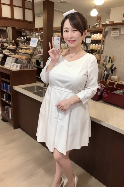 a mature elegant japanese woman, 55 years old, slim body, lady, extremely detailed face, beautiful lips, very detailed face, long eyelashes, chubby body, lolita dress, ((full body)), sexy, glamorous, ((low ponytail)), pearl necklace, red lipstick, charismatic, maid cafe