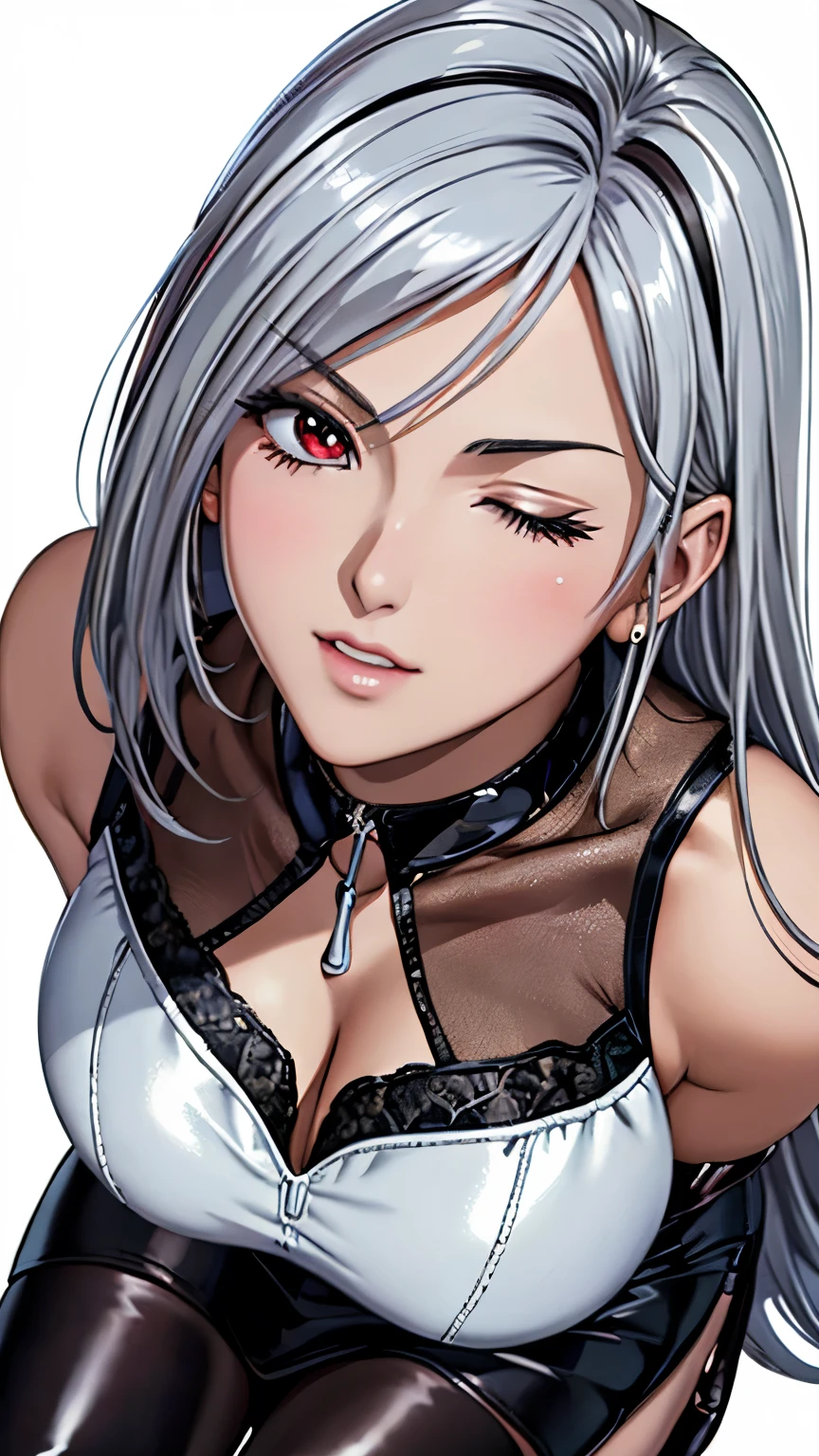 red eyes with slit pupils, (highest quality, masterpiece painting:1.3), immature woman, , (half body shot), masterpiece, ultra high resolution, (Photoreal:1.0), ((silver hair)),straight hair, beautiful shining hair, white and shining skin, one eye closed,(((heart shaped pupils))),((Ultra realistic details)), octane rendering, highly detailed face, (big breasts:0.8), ((gold lace camisole top, black leather pencil skirt, patent leather high heel boots, cleavage)), open neckline, cleavage, perfect body, soft skin, silver earrings, (pure white background:1.4), sharp focus, intricate details, professional artwork, (bright colors:1.1), bright colors, diffused lighting, digital blending, ultra-definition body, ultra detail hair, super detailed face, trending on pixiv, top button open, Cute gaze, compensate, perfect lips, perfect compensate, Ultra-precision coating, (light_smile:0.8), (Very embarrassed:1.2), blush your nose,
