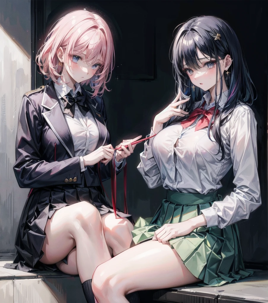 (((yuri))), (((2 girls))), ((school uniform)), blazer, skirt, absurdres, RAW photo, extremely delicate and beautiful, masterpiece, Best Quality, ultra high resolution, 32k, hyperrealistic, ultra-detailed, detailed description, perfect anatomy, pale skin, 20 years old, detailed beautiful face and eyes, tearful mole, earring, short medium hair, wavy hair, random colored hair, whole body shot, colossal ,