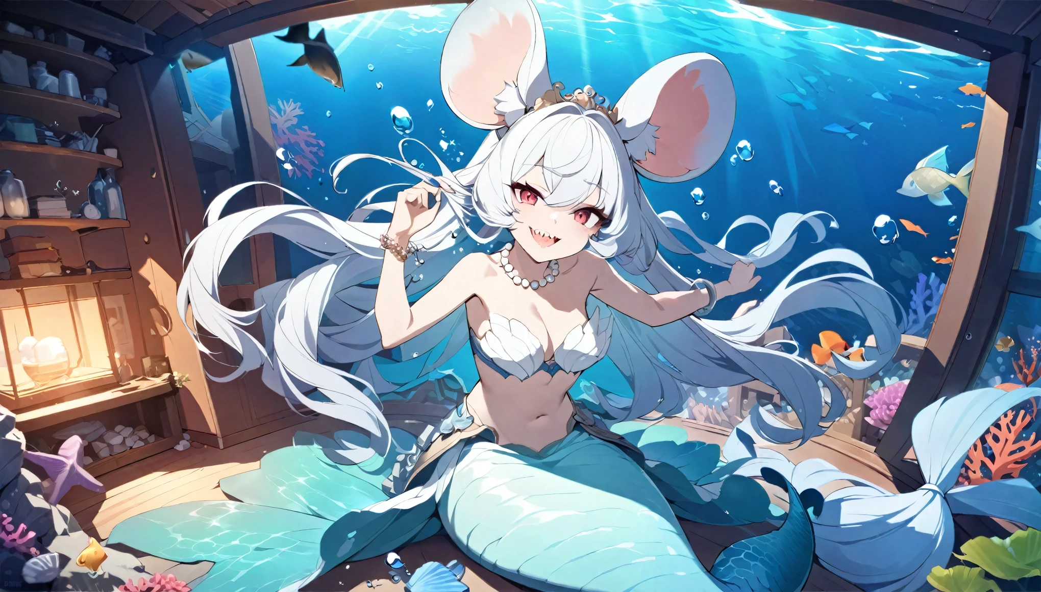 (best quality,4k,8k,highres,masterpiece:1.2),ultra-detailed, Pretty anthropomorphic albino mouse girl magically transformed into a beautiful mermaid, race swap, fantastic transformation,sharp teeth, is smiling, drawn in anime style, steampunk, fishlike, very long curly white hair, red eyes, white fur, well endowed breast, whiskers, mouse ears, long and detailed mermaid tail with shimmering cyan fish scales, pelvic and dorsal fins, a pair of fish gills on her torso, seashells bra, pearl earrings and bracelets, pearl necklace, joyful expression, brushing her hair with a hairbrush, sitting in front of a mirror, inside a underwater house, sparkling water, water reflections, ethereal atmosphere, subtle glow, whimsical and enchanting, underwater world, colorful coral reef, magical underwater lighting, vivid colors, breathing underwater, floating bubbles, endless ocean depths, sunlight filtering through the water, Highly detailed, masterpiece, high quality, 4K.