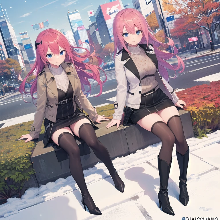 ((((One girl)))),(((full body shot))) ,((Red hair)),(masterpiece:1.2), highest quality,((((High resolution)))), unity 8k wallpaper, (shape:0.8), Highly detailed face, Perfect lighting, Highly detailed CG,(((garden)))),(Big Breasts),(((Shibuya Scramble Crossing))),((((Black trench coat)))),((((((White sweater)))))),((((Black tight skirt)))),((((Black long boots)))),((((Black pointed toe))))、((((Black stiletto heels))))、((((Thin legs)))),(White panties),(Put your hand on your skirt),Panchi et al.、((blue sky)),((((Open your jacket)))),((Snow Scene)),((Autumn foliage scenery)),((Sit on the street))