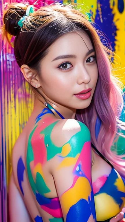 ((highest quality, 8k, masterpiece:1.3, 1 girl, beautiful girl)),((Big Breasts:1.3)), High resolution, cute, dynamism, Detailed face, Detailed skin, fine grain, Detailed lips, Realistic, RAW Photos, Natural light, Perfect Anatomy, Dynamic pose, Round ass, double eyelid, We say, Round eyes, Moist lips, Split Color Hair, Rainbow Hair, smile, ((Colorful liquid on the body, Colorful liquid, Colorful paint)), Colorful body, Colorful paint background, pubic hair, Colorful liquid dripping from the body, bangs, Hair Bun