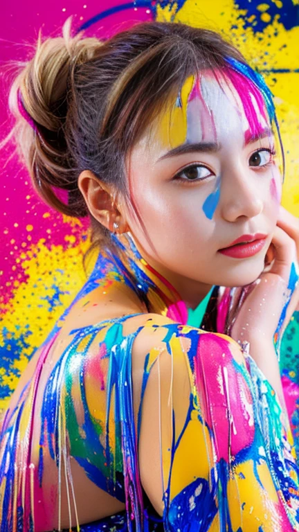 ((highest quality, 8k, masterpiece:1.3, 1 girl, beautiful girl)),((Big Breasts:1.3)), High resolution, cute, dynamism, Detailed face, Detailed skin, fine grain, Detailed lips, Realistic, RAW Photos, Natural light, Perfect Anatomy, Dynamic pose, Round ass, double eyelid, We say, Round eyes, Moist lips, Split Color Hair, Rainbow Hair, smile, ((Colorful liquid on the body, Colorful liquid, Colorful paint)), Colorful body, Colorful paint background, pubic hair, Colorful liquid dripping from the body, bangs, Hair Bun