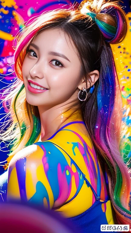 ((highest quality, 8k, masterpiece:1.3, 1 girl, beautiful girl)),((Big Breasts:1.3)), High resolution, cute, dynamism, Detailed face, Detailed skin, fine grain, Detailed lips, Realistic, RAW Photos, Natural light, Perfect Anatomy, Dynamic pose, Round ass, double eyelid, We say, Round eyes, Moist lips, Split Color Hair, Rainbow Hair, smile, ((Colorful liquid on the body, Colorful liquid, Colorful paint)), Colorful body, Colorful paint background, pubic hair, Colorful liquid dripping from the body, bangs, Hair Bun
