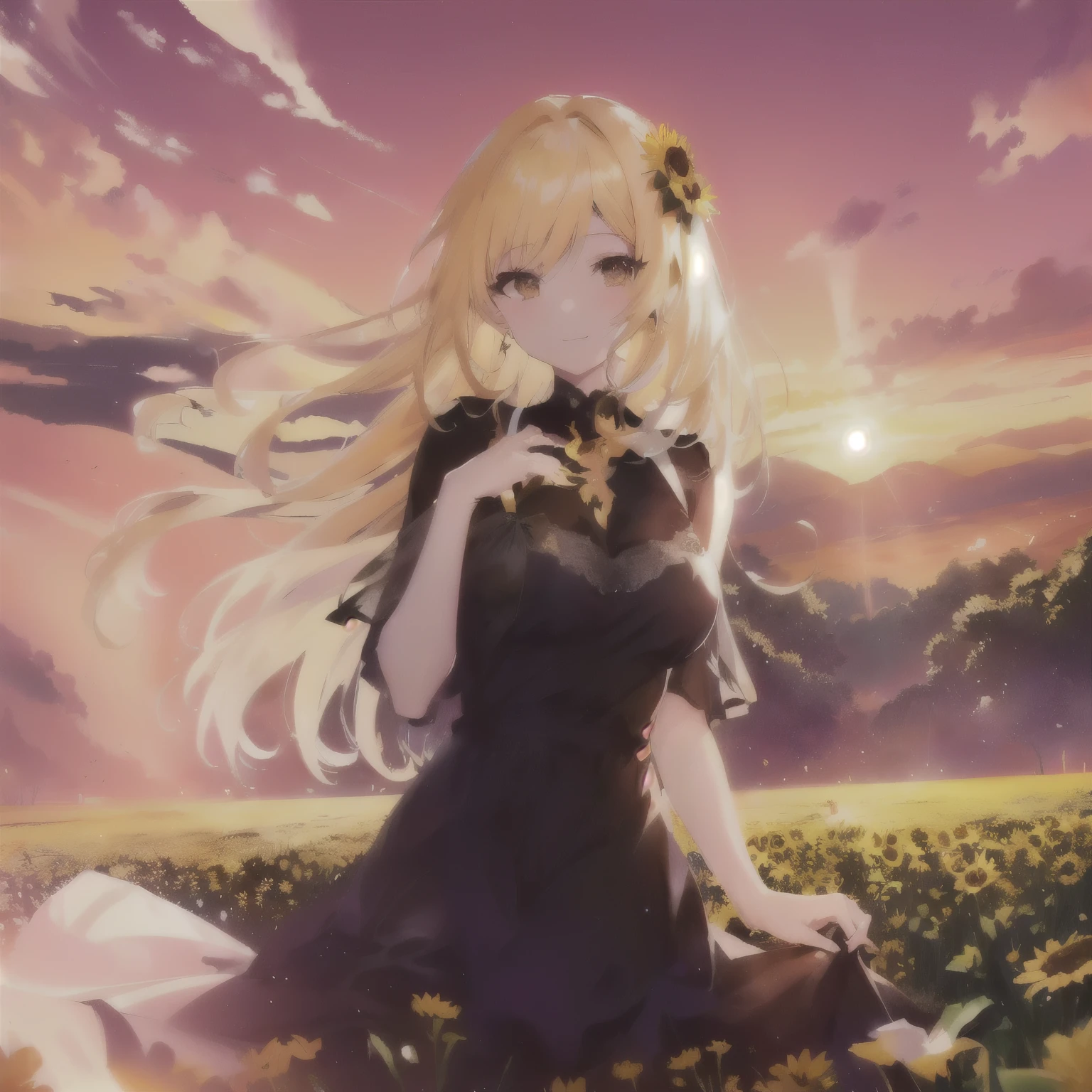 anime girl sitting in a field of flowers with a sunset in the background, anime girl wearing a black dress, blonde anime girl with long hair, beautiful sunflower anime girl, beautiful anime girl, beautiful anime, anime style 4 k, cute anime waifu in a nice dress, in dress, anime girl with long hair, 4k anime wallpaper