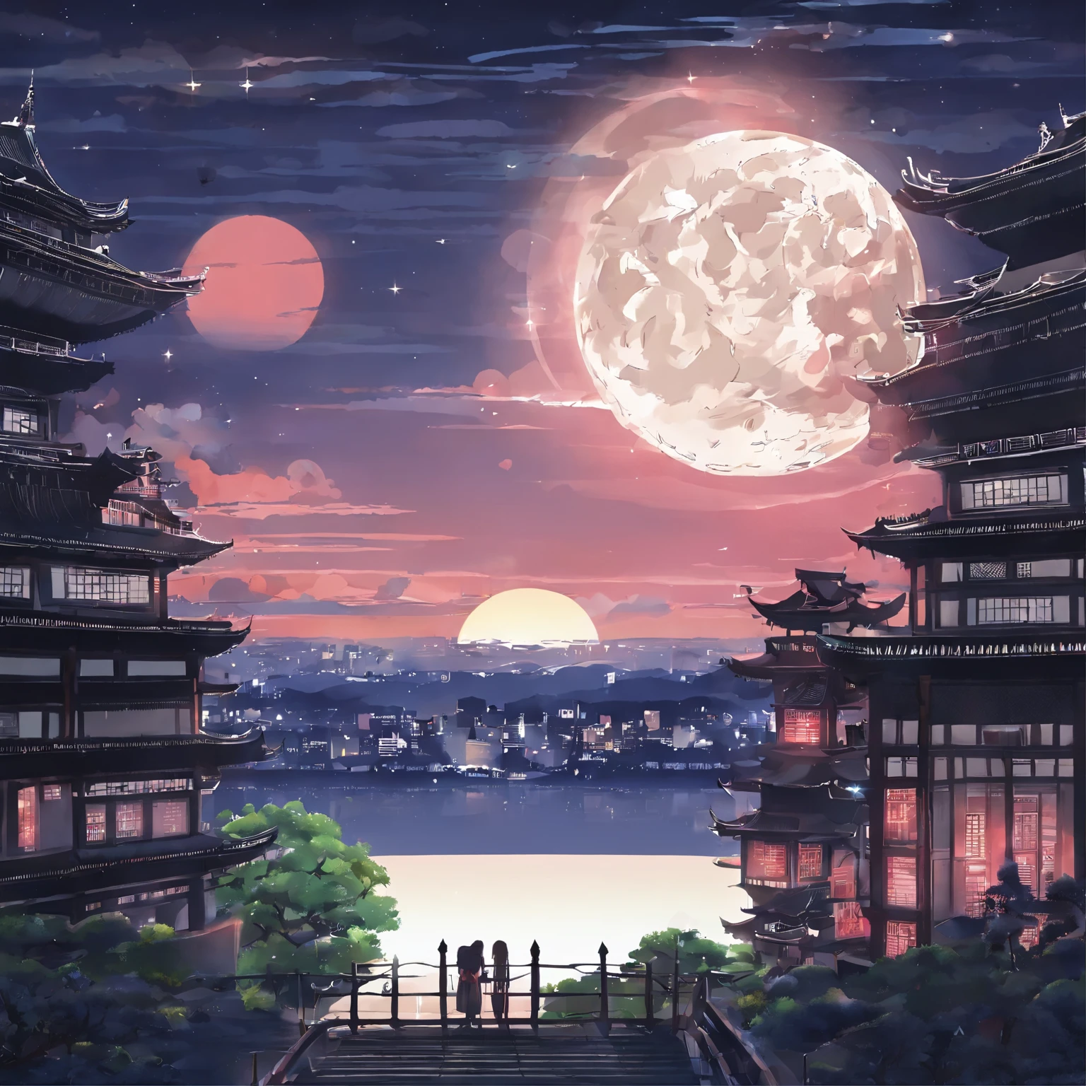 The best zigao,very nice,Perfect detail,4K,8k,Anime Wallpaper,CG,Night Sky,Red background,Ethereal cartoon style,満moon, moonの背景, 空のmoon, moonlight background, moon面で, 満moonの背景, 空には満moon, 満moon, moonは空にあります, moon明かりの背景, 大きな白いmoonの背景, moon, 空のmoon, moonの裏側,雲の中のmoon,White cloud, City skyscrapers