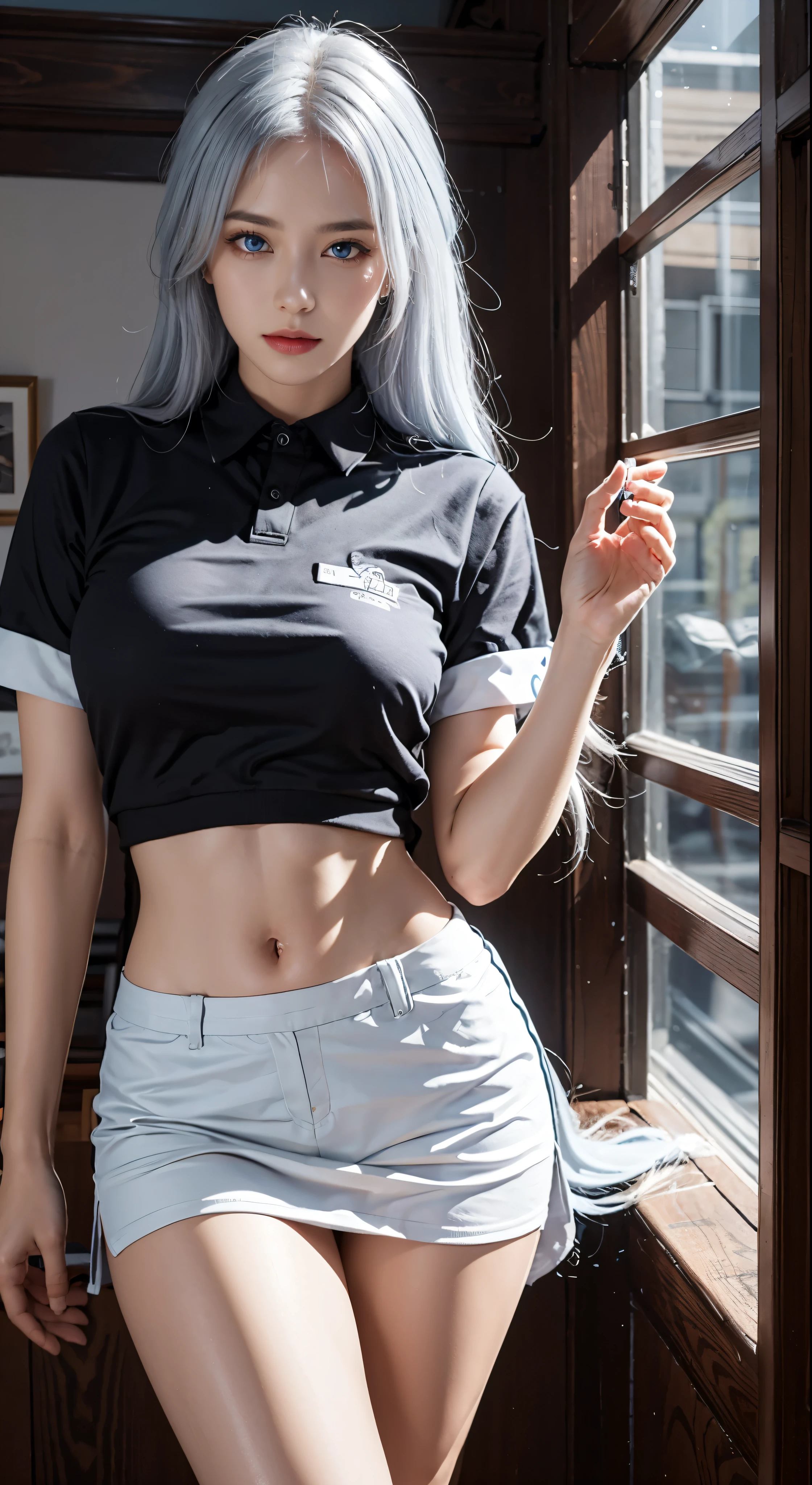Realistic, high resolution, soft light, 1 muleres, Solitary, Hip lift, blue eyes, white hair, Long hair, Uniforms, shirt, skirt, thigh