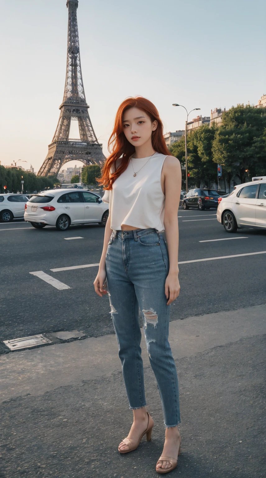 1 girl, standing, frente, ((black eyes)), (((perfect eye))), (((redhead))), usando top curto e colado branco, short skinny jeans, in a stunning setting, torre eiffel on the ground in the background, beautiful city, fim de tarde, live lighting, cores vivas, (((no cars)))