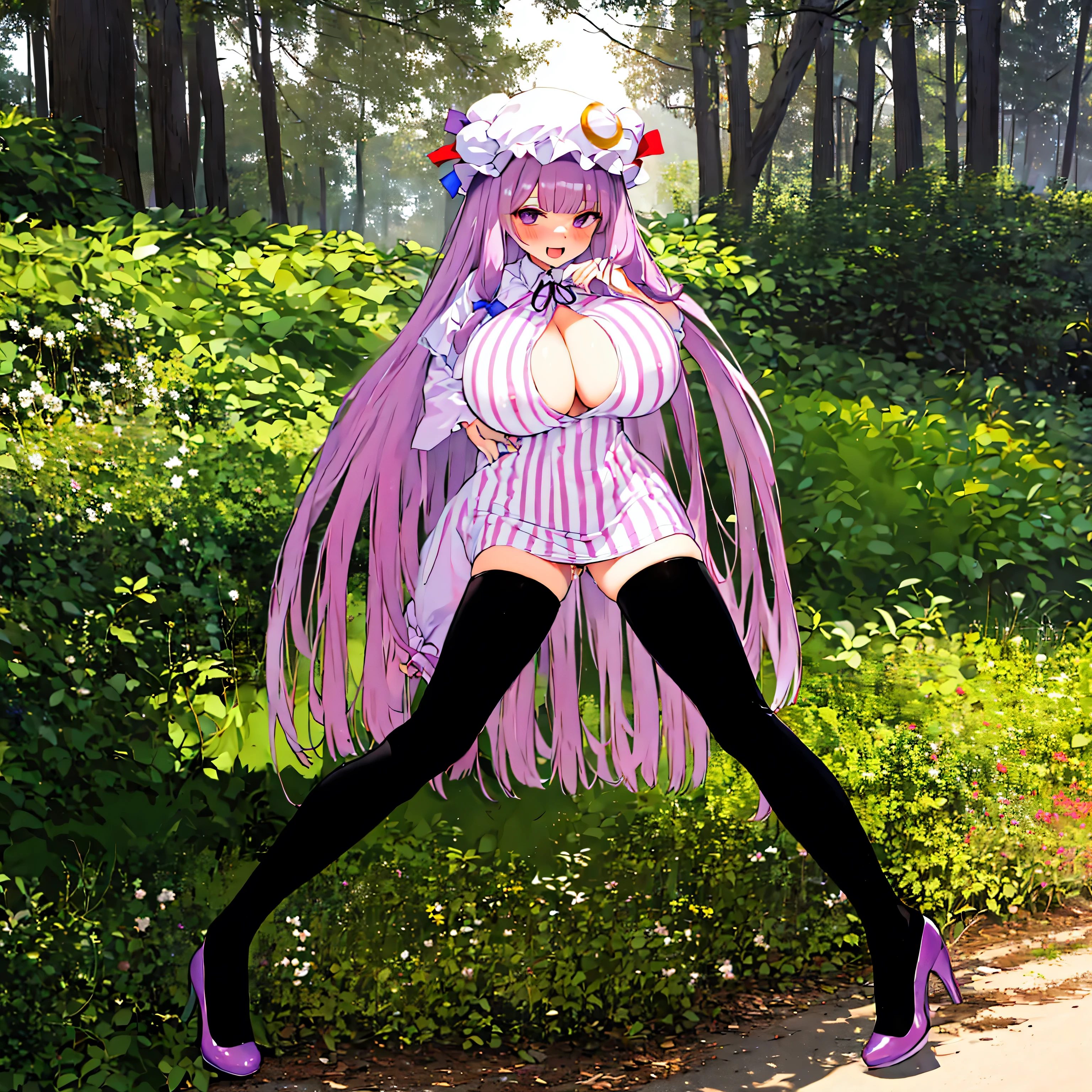 (solo), (Patchouli toho character:1.3), (standing at lakeside forest alone), outside, (standing with open legs wide:1.3), (arms behind back), swaying back, stretch legs, tiptoe, BREAK, (disproportionately gigantic huge breasts:1.3), cleavage, inconceivably narrow waist, very short torso, (skinny long legs), BREAK, capelet, sheer short dress, very short skirt, thigh gap, (black thighhighs), stiletto heels, BREAK, smile for viewer, open mouth, nose blush, full body, pussy juice, (orgasm), (nsfw:0.5), (coverd erectile nipples)
