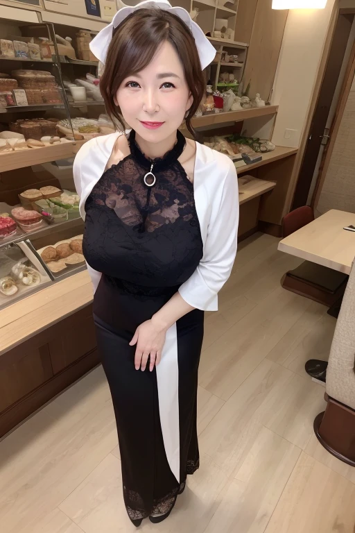 elegant mature japanese woman, 55 years old, slender body, refined lady, extremely detailed face, beautiful lips, very detailed face, long eyelashes, slim figure, lolita dress, ((full body)), sexy, glamorous, cat ears, pearl necklace, red lipstick, charismatic, maid cafe