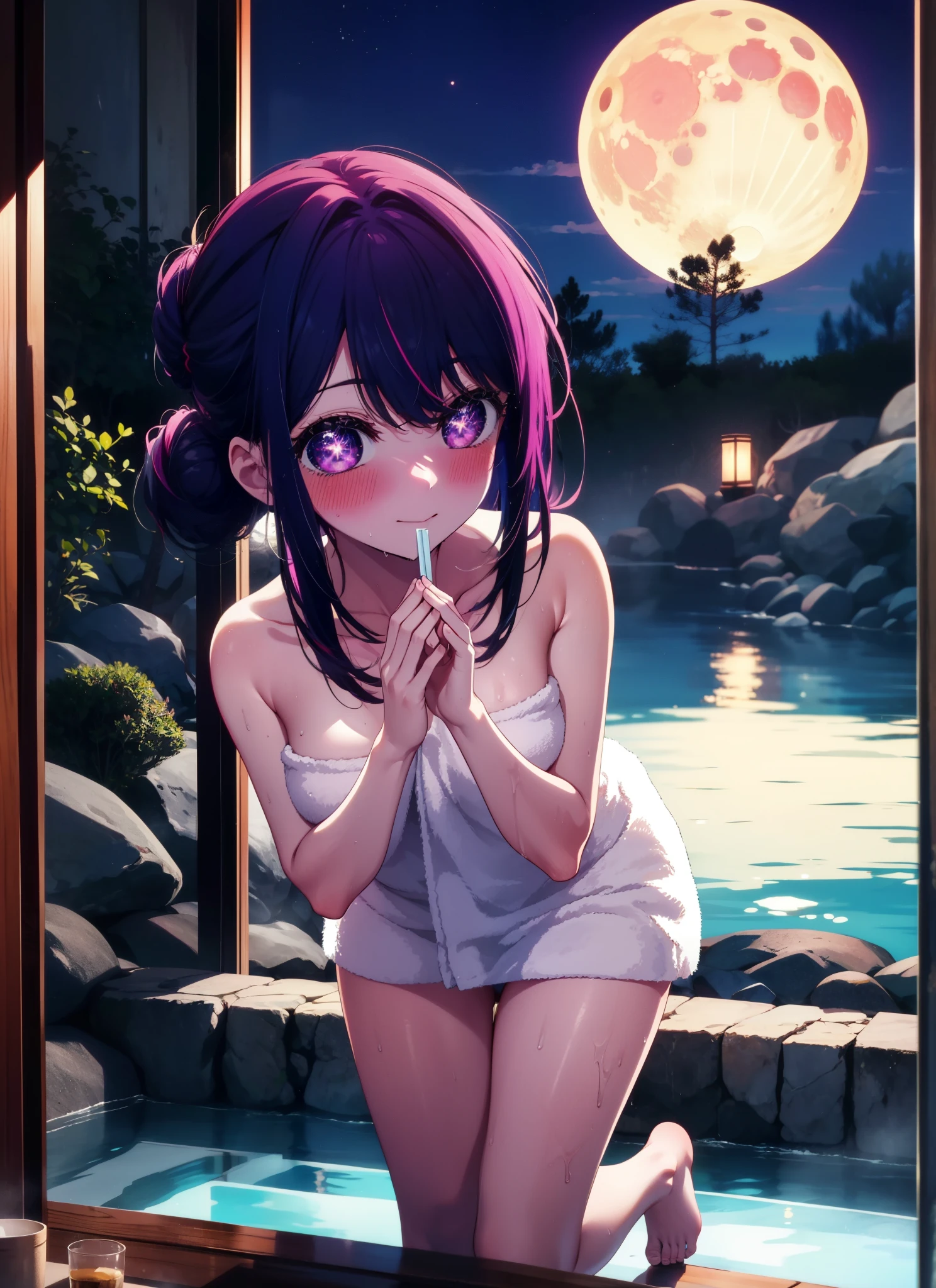 aihoshino, Ai Hoshino, Long Hair, bangs, (Purple eyes:1.1), Purple Hair, smile,Medium Breast,Naked Towel,Hair Bun, single Hair Bun,
blush,smile, Wet Hair,Wet towel,Wet Naked,Open your mouth,Damp Hair,Completely naked,barefoot,Naked body wrapped in a bath towel,moon光,night,moon,whole bodyがイラストに入るように,Open-air bathから白い煙ががでている,hot water,
break outdoors, Open-air bath,
break looking at viewer, whole body,
break (masterpiece:1.2), highest quality, High resolution, unity 8k wallpaper, (shape:0.8), (Beautiful details:1.6), Highly detailed face, Perfect lighting, Extremely detailed CG, (Perfect hands, Perfect Anatomy),