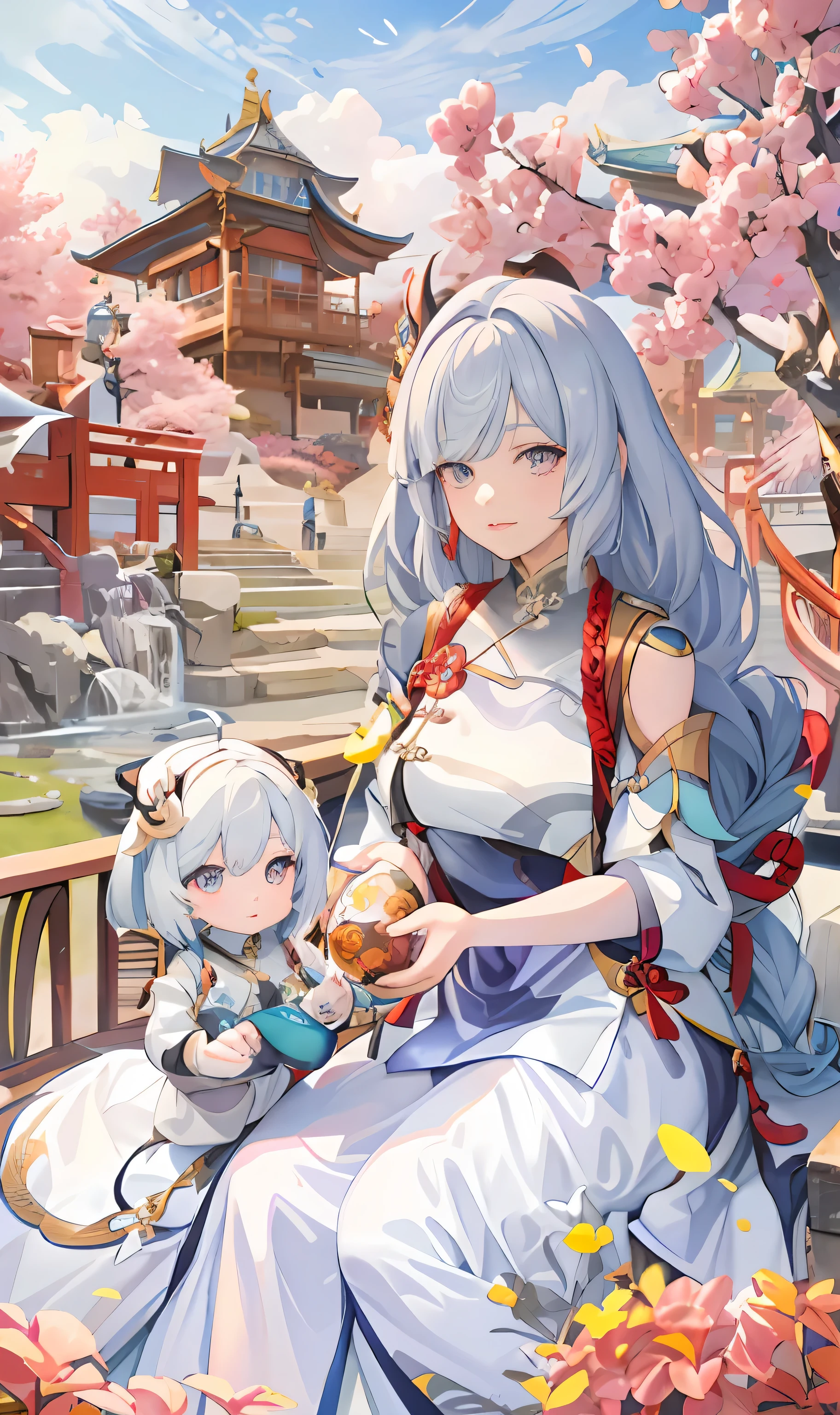 anime girl with blue hair and white dress sitting on a bench, white-haired god, Guviz, An anime cover, Official artwork, high detailed official artwork, Palace ， A girl in Hanfu, Keqing from Genshin Impact, Kushatt Krenz Key Art Women, onmyoji portrait, Ayaka Genshin impact, offcial art, inspired by Park Hua