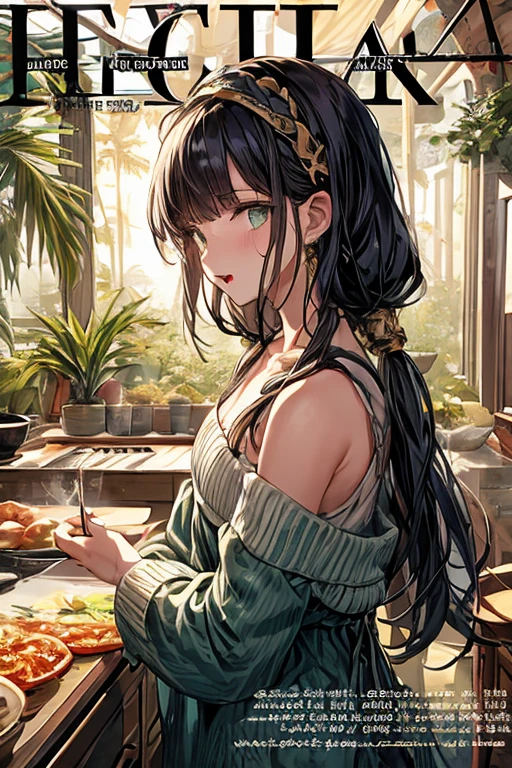 (small breasts:1.3), (perky chest:1.1), (pointed chest:1.0), (fashion magazine cover:1.3)，(from below:1.0),(from side:0.9),masterpiece, 1girl, Amazing Cleavage:1.1, thin waist, big ass, Raised sexy, small breast: 1.3, posed cleavage:1.2、solo, looking at viewer, open mouth, have a cute grass of cute beergrass,black hair, dark green eyes, dress, bare shoulders, jewelry, collarbone, sidelocks, hairband, earrings, indoors, off shoulder, :o, sweater, arms behind back, plant, short hair with long locks, gild hairband, off-shoulder dress, sweater dress, off-shoulder sweater, red sweater, dark gord hair, big side hair, very long side hair,is rendered in (masterpiece: 1.2, best quality), with (ultra high resolution) and an exquisite (depth of field). This masterpiece is not only visually stunning but also tells,A scene of cooking in the kitchen by classroom 