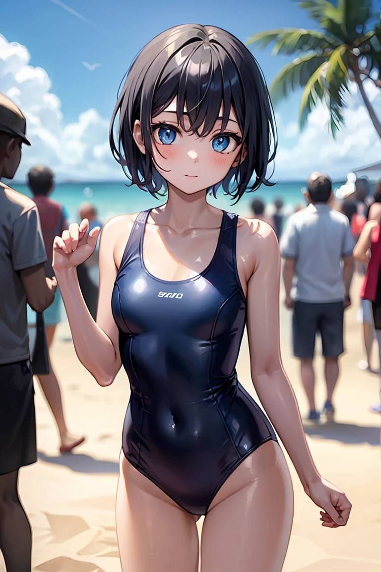 (gleaming skin:1.3), A young girl with black short hair, sky-blue eyes, wearing a one-piece swimsuit, standing, beach. crowd.