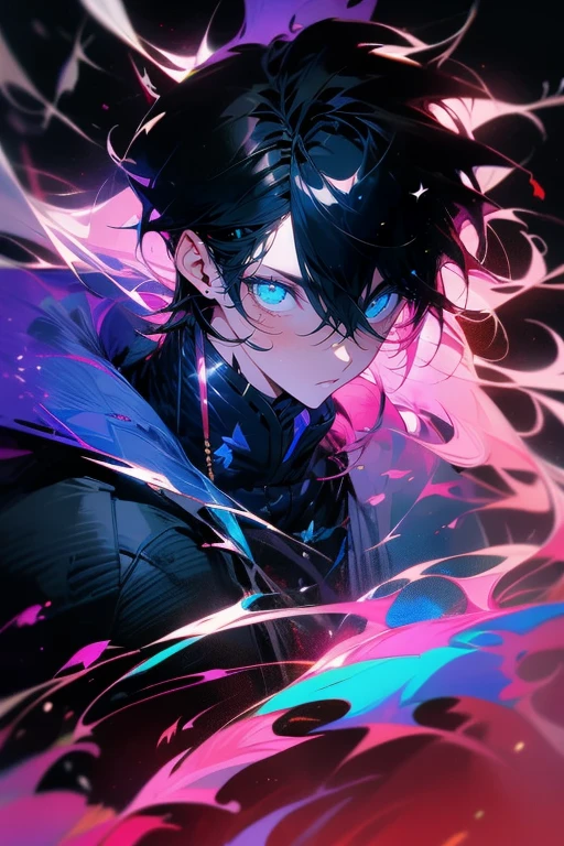 1boy,male,black hair and long hair,blue eyes,closed mouth, jewelry, black jacket,upper body, black and purple background,around monotone,artistic
