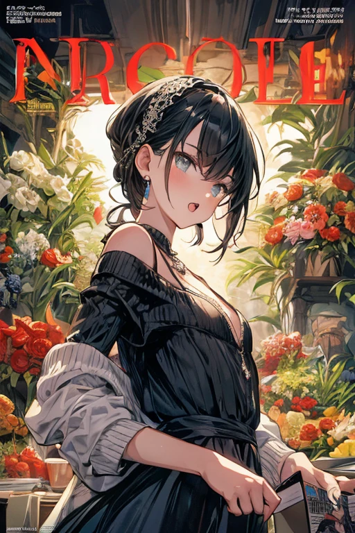 (small breasts:1.3), (perky chest:1.1), (pointed chest:1.0), (fashion magazine cover:1.3),(from below:1.0),(from side:0.9),masterpiece, 1girl, Amazing Cleavage:1.1, thin waist, big ass, Raised sexy, small breast: 1.3, posed cleavage:1.2、solo, looking at viewer, open mouth, have a cute grass of cute beergrass,black hair, dark green eyes, dress, bare shoulders, jewelry, collarbone, sidelocks, hairband, earrings, indoors, off shoulder, :o, sweater, arms behind back, plant, short hair with long locks, gild hairband, off-shoulder dress, sweater dress, off-shoulder sweater, red sweater, dark gord hair, big side hair, very long side hair,is rendered in (masterpiece: 1.2, best quality), with (ultra high resolution) and an exquisite (depth of field). This masterpiece is not only visually stunning but also tells,A scene of cooking in the kitchen by classroom