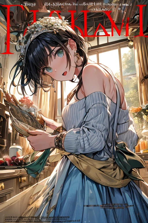 (small breasts:1.3), (perky chest:1.1), (pointed chest:1.0), (fashion magazine cover:1.3),(from below:1.0),(from side:0.9),masterpiece, 1girl, Amazing Cleavage:1.1, thin waist, big ass, Raised sexy, small breast: 1.3, posed cleavage:1.2、solo, looking at viewer, open mouth, have a cute grass of cute beergrass,black hair, dark green eyes, dress, bare shoulders, jewelry, collarbone, sidelocks, hairband, earrings, indoors, off shoulder, :o, sweater, arms behind back, plant, short hair with long locks, gild hairband, off-shoulder dress, sweater dress, off-shoulder sweater, red sweater, dark gord hair, big side hair, very long side hair,is rendered in (masterpiece: 1.2, best quality), with (ultra high resolution) and an exquisite (depth of field). This masterpiece is not only visually stunning but also tells,A scene of cooking in the kitchen by classroom