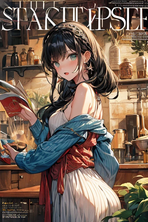(small breasts:1.3), (perky chest:1.1), (pointed chest:1.0), (fashion magazine cover:1.3),(from below:1.0),(from side:0.9),masterpiece, 1girl, Amazing Cleavage:1.1, thin waist, big ass, Raised sexy, small breast: 1.3, posed cleavage:1.2、solo, looking at viewer, open mouth, have a cute grass of cute beergrass,black hair, dark green eyes, dress, bare shoulders, jewelry, collarbone, sidelocks, hairband, earrings, indoors, off shoulder, :o, sweater, arms behind back, plant, short hair with long locks, gild hairband, off-shoulder dress, sweater dress, off-shoulder sweater, red sweater, dark gord hair, big side hair, very long side hair,is rendered in (masterpiece: 1.2, best quality), with (ultra high resolution) and an exquisite (depth of field). This masterpiece is not only visually stunning but also tells,A scene of cooking in the kitchen by classroom
