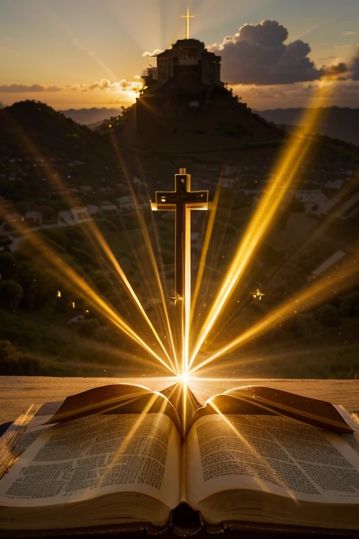 Imagine a background image with a stunning sunset, where rays of golden light pass through a majestic cross atop a hill. At the foot of the cross, an open Bible with pages gently moved by the wind. No horizonte, um caminho sinuoso iluminado pela luz do sol, simbolizando a jornada espiritual. O nome "Reflexos da Cruz" is written in elegant, shiny letters at the top, with a soft halo of light around, transmitting peace and hope.
