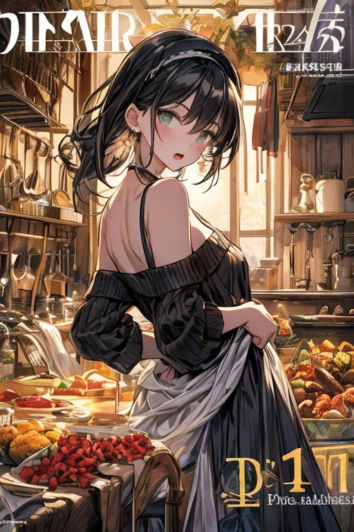 (small breasts:1.3), (perky chest:1.1), (pointed chest:1.0), (fashion magazine cover:1.3),(from below:1.0),(from side:0.9),masterpiece, 1girl, Amazing Cleavage:1.1, thin waist, big ass, Raised sexy, small breast: 1.3, posed cleavage:1.2、solo, looking at viewer, open mouth, have a cute grass of cute beergrass,black hair, dark green eyes, dress, bare shoulders, jewelry, collarbone, sidelocks, hairband, earrings, indoors, off shoulder, :o, sweater, arms behind back, plant, short hair with long locks, gild hairband, off-shoulder dress, sweater dress, off-shoulder sweater, red sweater, dark gord hair, big side hair, very long side hair,is rendered in (masterpiece: 1.2, best quality), with (ultra high resolution) and an exquisite (depth of field). This masterpiece is not only visually stunning but also tells,A scene of cooking in the kitchen by classroom