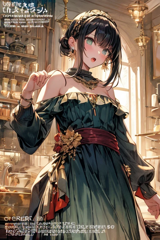 (small breasts:1.3), (perky chest:1.1), (pointed chest:1.0), (fashion magazine cover:1.3),(from below:1.0),(from side:0.9),masterpiece, 1girl, Amazing Cleavage:1.1, thin waist, big ass, Raised sexy, small breast: 1.3, posed cleavage:1.2、solo, looking at viewer, open mouth, have a cute grass of cute beergrass,black hair, dark green eyes, dress, bare shoulders, jewelry, collarbone, sidelocks, hairband, earrings, indoors, off shoulder, :o, sweater, arms behind back, plant, short hair with long locks, gild hairband, off-shoulder dress, sweater dress, off-shoulder sweater, red sweater, dark gord hair, big side hair, very long side hair,is rendered in (masterpiece: 1.2, best quality), with (ultra high resolution) and an exquisite (depth of field). This masterpiece is not only visually stunning but also tells,A scene of cooking in the kitchen by classroom