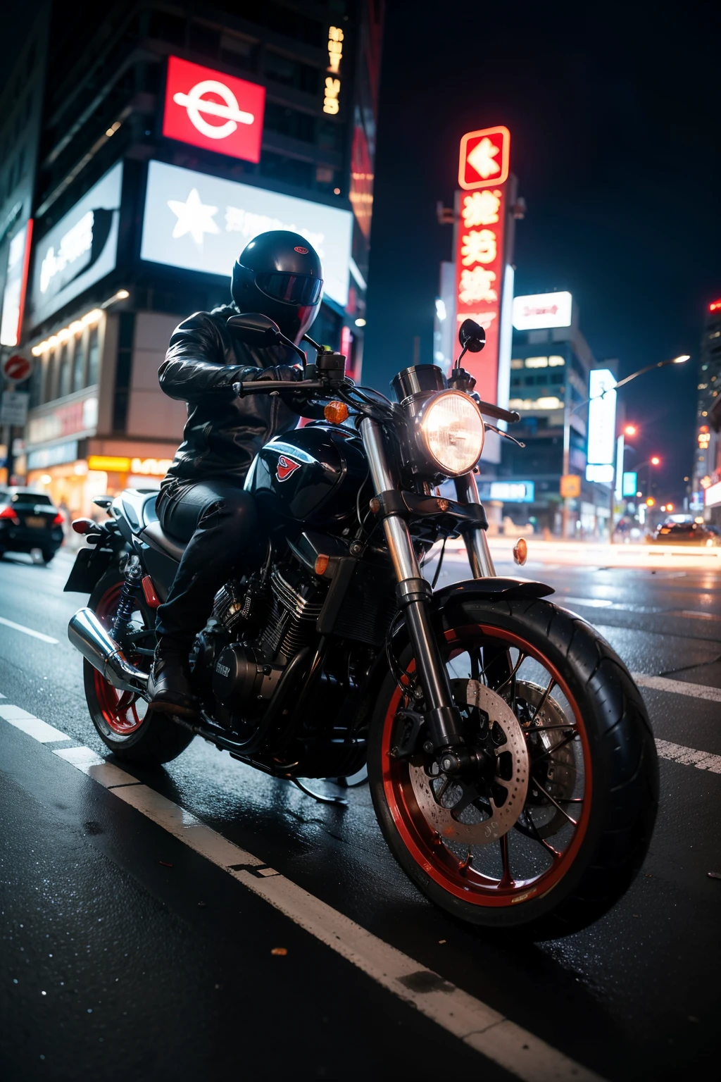 A blue gsx250 motorcycle,Cyberpunk,Night city street,Neon light,Low angle shot,Wide-angle lens,High Saturation,Warm and cold contrast,Futurism,Technology