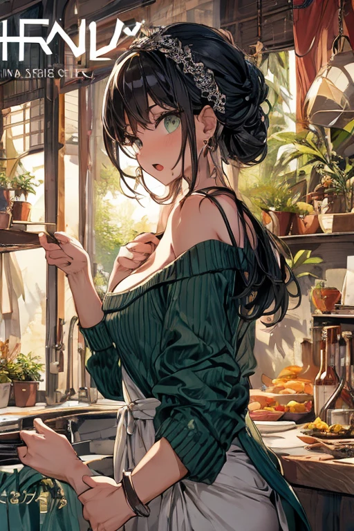 (small breasts:1.3), (perky chest:1.1), (pointed chest:1.0), (fashion magazine cover:1.3)，(from below:1.0),(from side:0.9),masterpiece, 1girl, Amazing Cleavage:1.1, thin waist, big ass, Raised sexy, small breast: 1.3, posed cleavage:1.2、solo, looking at viewer, open mouth, have a cute grass of cute beergrass,black hair, dark green eyes, dress, bare shoulders, jewelry, collarbone, sidelocks, hairband, earrings, indoors, off shoulder, :o, sweater, arms behind back, plant, short hair with long locks, gild hairband, off-shoulder dress, sweater dress, off-shoulder sweater, red sweater, dark gord hair, big side hair, very long side hair,is rendered in (masterpiece: 1.2, best quality), with (ultra high resolution) and an exquisite (depth of field). This masterpiece is not only visually stunning but also tells,A scene of cooking in the kitchen by classroom 