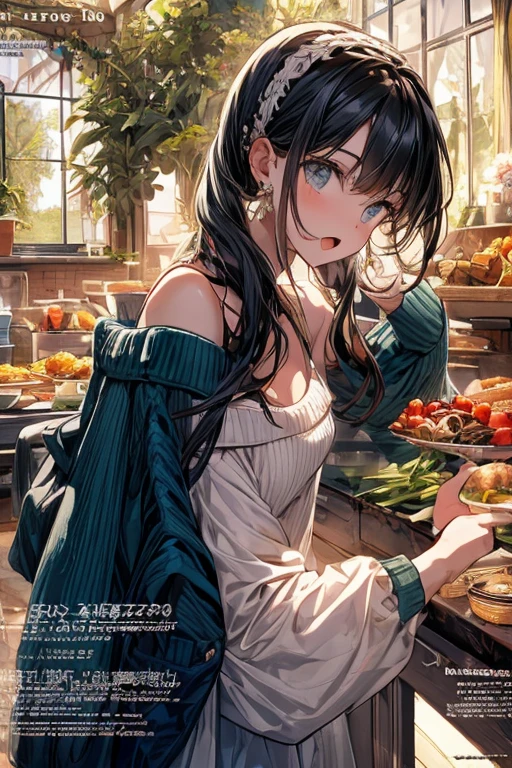 (small breasts:1.3), (perky chest:1.1), (pointed chest:1.0), (fashion magazine cover:1.3),(from below:1.0),(from side:0.9),masterpiece, 1girl, Amazing Cleavage:1.1, thin waist, big ass, Raised sexy, small breast: 1.3, posed cleavage:1.2、solo, looking at viewer, open mouth, have a cute grass of cute beergrass,black hair, dark green eyes, dress, bare shoulders, jewelry, collarbone, sidelocks, hairband, earrings, indoors, off shoulder, :o, sweater, arms behind back, plant, short hair with long locks, gild hairband, off-shoulder dress, sweater dress, off-shoulder sweater, red sweater, dark gord hair, big side hair, very long side hair,is rendered in (masterpiece: 1.2, best quality), with (ultra high resolution) and an exquisite (depth of field). This masterpiece is not only visually stunning but also tells,A scene of cooking in the kitchen by classroom