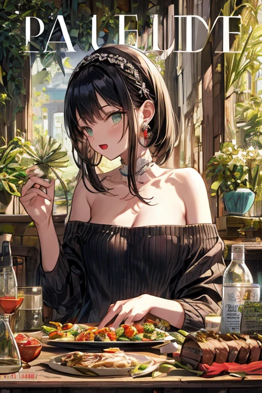 (small breasts:1.3), (perky chest:1.1), (pointed chest:1.0), (fashion magazine cover:1.3),(from below:1.0),(from side:0.9),masterpiece, 1girl, Amazing Cleavage:1.1, thin waist, big ass, Raised sexy, small breast: 1.3, posed cleavage:1.2、solo, looking at viewer, open mouth, have a cute grass of cute beergrass,black hair, dark green eyes, dress, bare shoulders, jewelry, collarbone, sidelocks, hairband, earrings, indoors, off shoulder, :o, sweater, arms behind back, plant, short hair with long locks, gild hairband, off-shoulder dress, sweater dress, off-shoulder sweater, red sweater, dark gord hair, big side hair, very long side hair,is rendered in (masterpiece: 1.2, best quality), with (ultra high resolution) and an exquisite (depth of field). This masterpiece is not only visually stunning but also tells,A scene of cooking in the kitchen by classroom