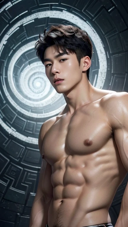 (masterpiece, ultra quality, high resolution, 8k, intricate: 1.2), (detailed face:1.2), handsome, 2 Young Korean man having sex ,white skin, double eyelids , detailed skin, 1boy, ((realistic)), abs, good lighting quality, muscle veins, ((pale skin)), (drooling:1.2), side view, lust face, (look at spiral on TV:1.3), (viewer pop:1.3), full body shot