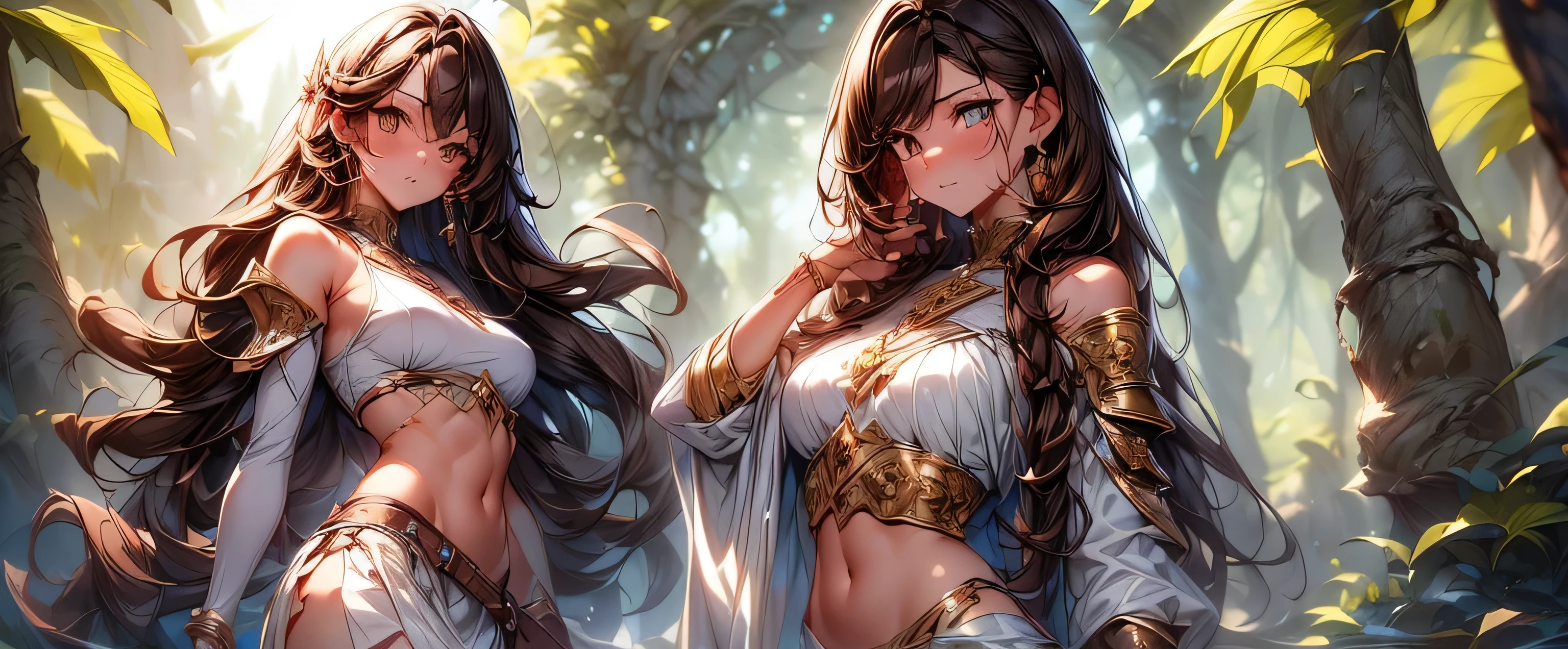 Asunayuuki, as Yuuki, long hair, brown hair, (brown eyes:1.8), half-naked,
short skirt, stockings, bare shoulders, dropped sleeves, armor, white stockings, (chest plate:1.2), red skirt, outdoors, nature, forest, sun, sky, looking at viewer, (cowboy shot:1.5), (masterpiece:1.2), Best quality, high resolution, unit 8k wallpaper, (illustration:0.8), (beautiful, detailed eyes:1.6), extremely detailed face, perfect lighting, extremely detailed CG, (perfect hands, perfect anatomy),