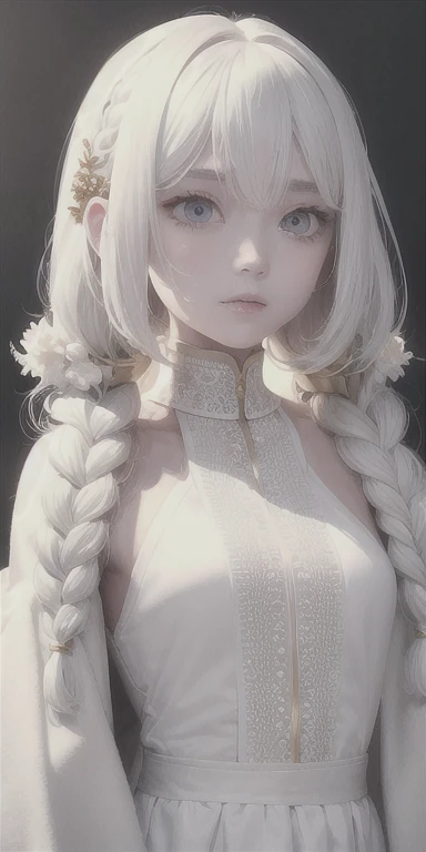 best quality, masterpiece,white hair, Golden Eyes,White clothes, look up, Upper Body,Hair,White skin,Side Braid