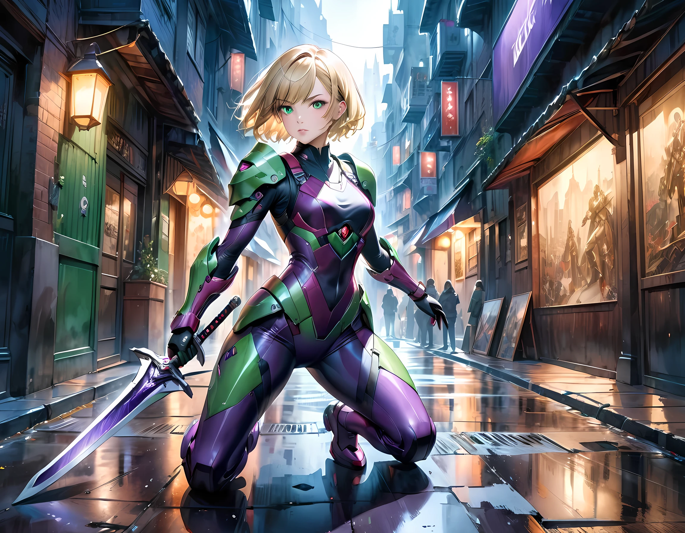 traditional watercolor painting, high details, best quality, 16k, [ultra detailed], masterpiece, best quality, (extremely detailed), full body, ultra wide shot, photorealistic, a picture of a woman assassin ready to combat in a dark alley, she holds a sword in hand, exquisite beautiful woman, she has pixie cut blond hair, emerald green eyes, she wears a (purple: 1.3) (tight leather suit: 1.4), the suit has mecha gadgets, dynamic color suit, she kneels in fantasy dark street of fantasy setting city, its night time, the moon is high in the sky, many stars in the night, high details, best quality, highres, ultra wide angle, DonMN1gh7XL, cybrk