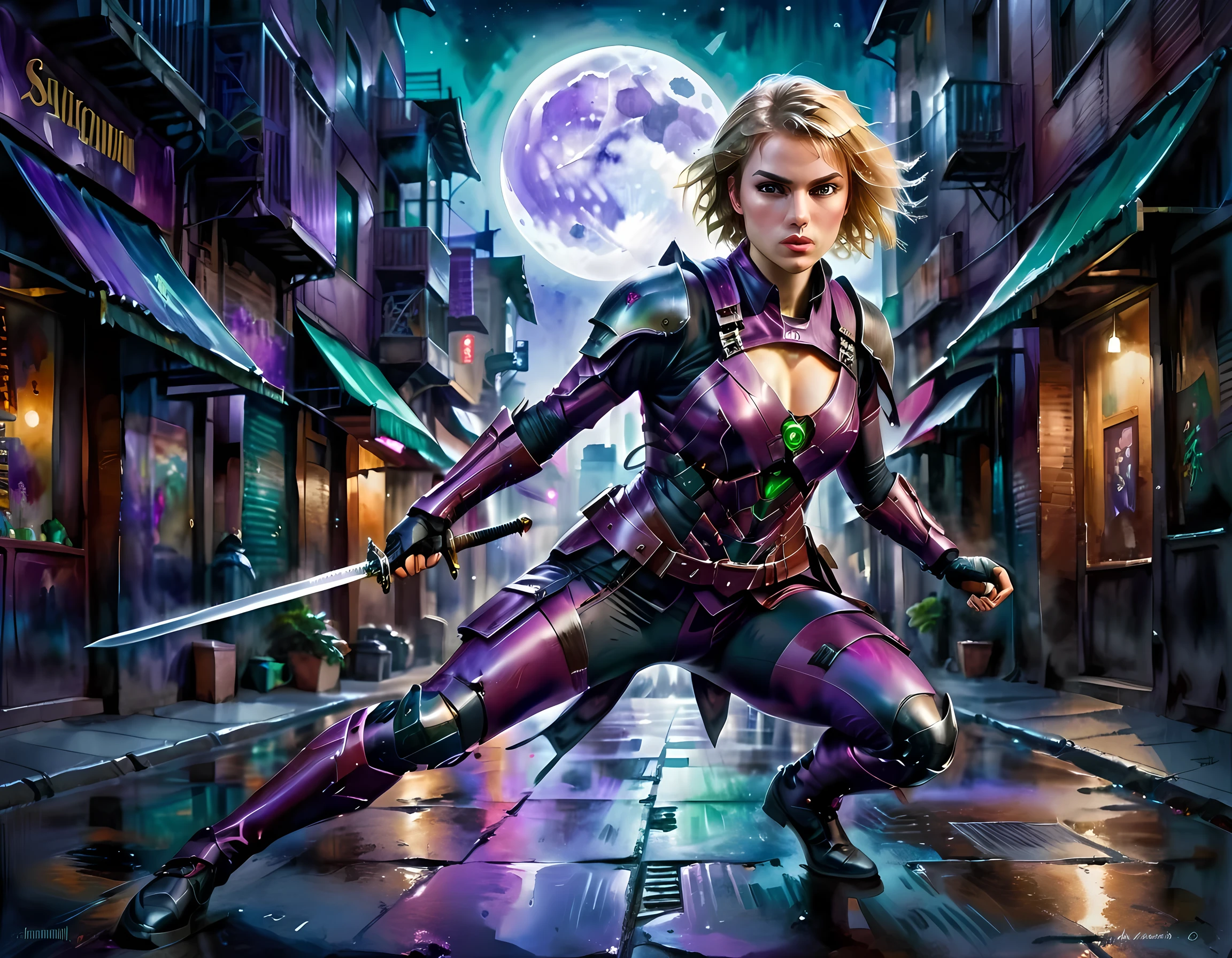 traditional watercolor painting, high details, best quality, 16k, [ultra detailed], masterpiece, best quality, (extremely detailed), full body, ultra wide shot, photorealistic, a picture of a woman assassin ready to combat in a dark alley, she holds a sword in hand, exquisite beautiful woman, she has pixie cut blond hair, emerald green eyes, she wears a (purple: 1.3) (tight leather suit: 1.4), the suit has mecha gadgets, dynamic color suit, she kneels in fantasy dark street of fantasy setting city, its night time, the moon is high in the sky, many stars in the night, high details, best quality, highres, ultra wide angle, DonMN1gh7XL, cybrk