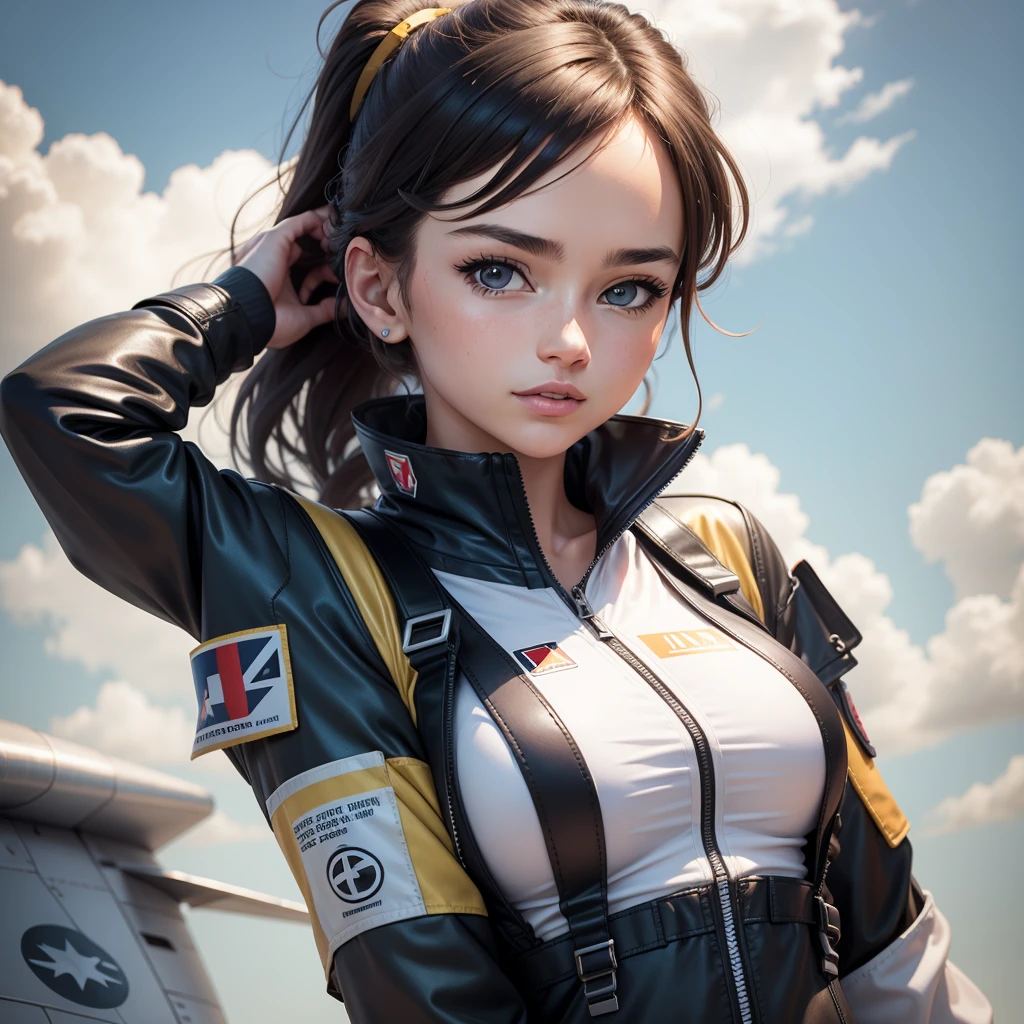 une belle jeune fille, wear a high-res pilot suit:1.2, dans un style anime inspiré d'Evangelion. Le costume lui va parfaitement, soulignant sa silhouette, avec un design moulant:1.1. Her hips and glutes are toned and well defined.