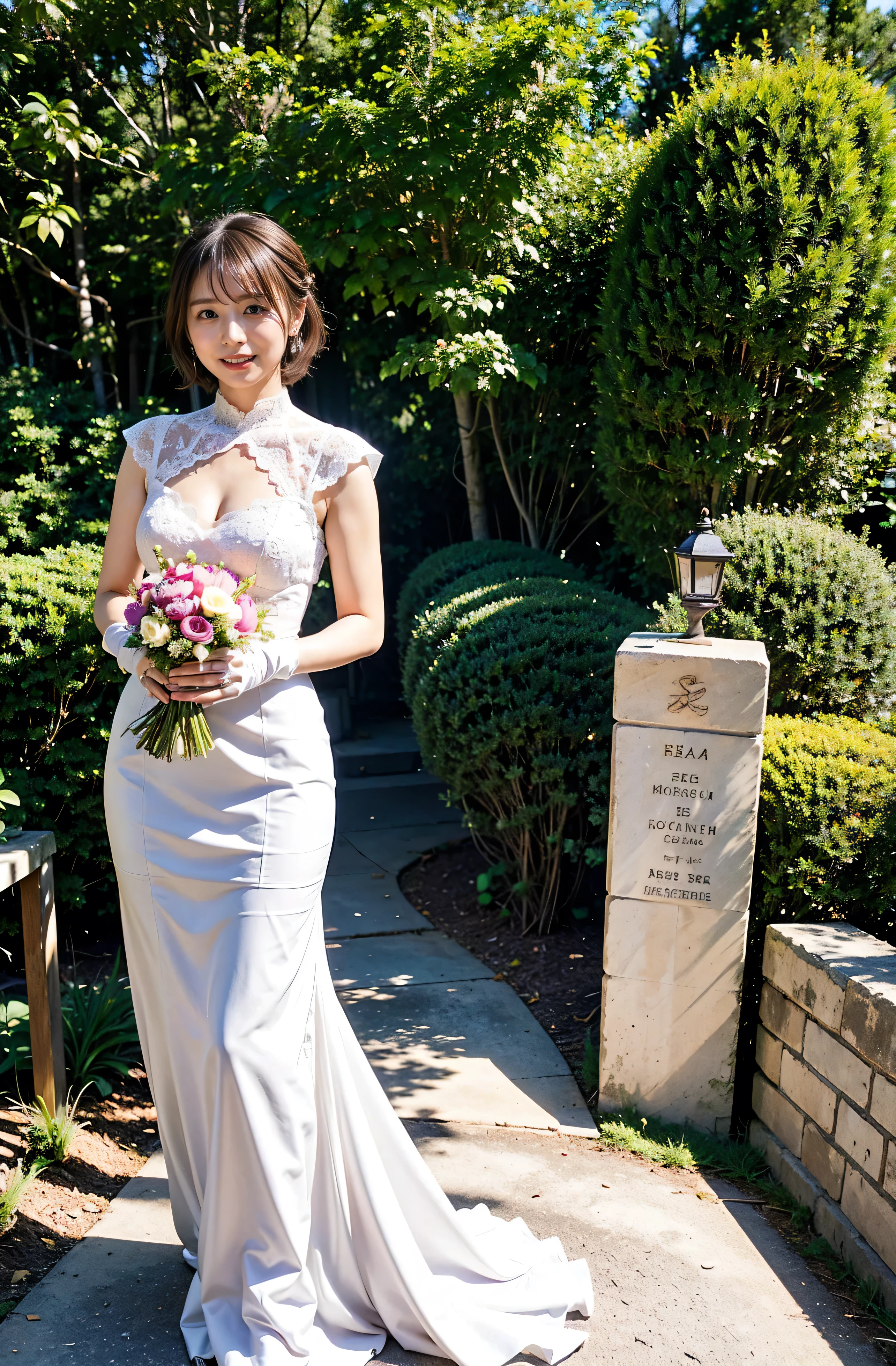 tiara、Please wear white lace gloves、Big smile、Holding a bouquet、A lovely smile、Gorgeous white silk dress with lace、Wonderful gardens、Colorful flowers々Blooming、White silk and shiny dress、Gorgeous and elegant white wedding dress、Braid only the front hair((wedding style:1.4))、Full body photo、smile、 Caustics、Highly detailed photos、Very beautiful ideal short hair、Big Breasts、Super no makeup、(8k、RAW Photos、highest quality、masterpiece:1.2)、(Realistic、Realistic)、1 girl、((Medium Short Hair、Looking into the camera:1.4))、