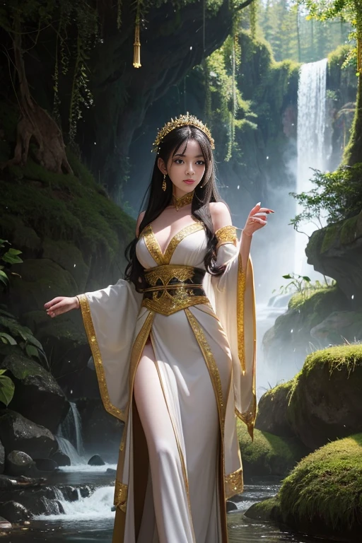 Create an image of an extraordinarily beautiful and graceful Asian girl. She has long, flowing black hair that cascades down her back, with striking almond-shaped eyes and flawless, porcelain skin. She is dressed in an elegant, mysterious outfit that combines traditional Asian elements with modern fashion, such as a silk kimono with intricate gold embroidery paired with stylish, high-heeled boots. Her outfit is adorned with delicate, shimmering accessories that catch the light, adding to her ethereal appearance.
The background is a fantastical landscape, perhaps an enchanted forest with towering, ancient trees covered in luminescent moss and surrounded by floating, glowing lanterns. The air is filled with a soft mist, giving the scene a dreamlike quality. There are sparkling streams and waterfalls that reflect the ambient light, creating a magical atmosphere.
The lighting in the image is striking and dynamic. Rays of bright, radiant sunlight filter through the trees, casting a warm, golden glow over the scene. This sunlight highlights the girl's features and her mysterious attire, making her the focal point of the image. The interplay of light and shadow adds depth and drama to the composition, enhancing the fantastical and mysterious mood of the scene