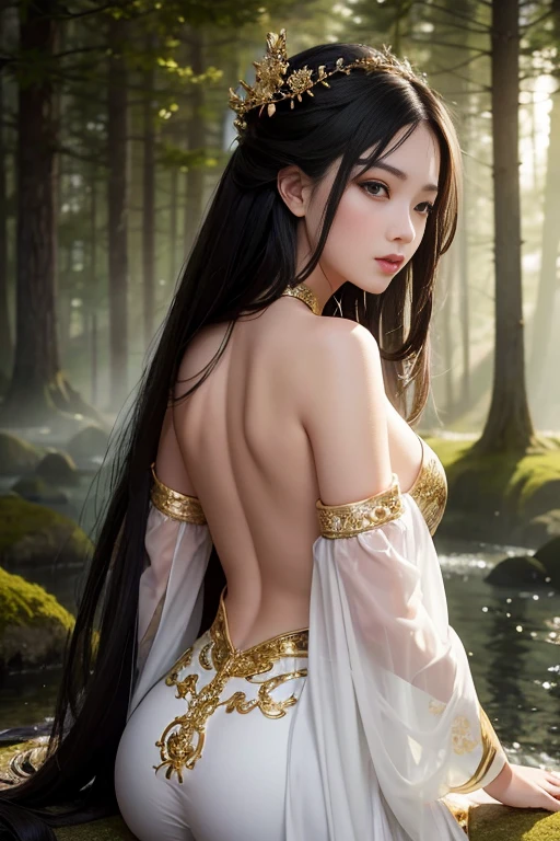 Create an image of an extraordinarily beautiful and graceful Asian girl. She has long, flowing black hair that cascades down her back, with striking almond-shaped eyes and flawless, porcelain skin. She is dressed in an elegant, mysterious outfit that combines traditional Asian elements with modern fashion, such as a silk kimono with intricate gold embroidery paired with stylish, high-heeled boots. Her outfit is adorned with delicate, shimmering accessories that catch the light, adding to her ethereal appearance.

The background is a fantastical landscape, perhaps an enchanted forest with towering, ancient trees covered in luminescent moss and surrounded by floating, glowing lanterns. The air is filled with a soft mist, giving the scene a dreamlike quality. There are sparkling streams and waterfalls that reflect the ambient light, creating a magical atmosphere.

The lighting in the image is striking and dynamic. Rays of bright, radiant sunlight filter through the trees, casting a warm, golden glow over the scene. This sunlight highlights the girl's features and her mysterious attire, making her the focal point of the image. The interplay of light and shadow adds depth and drama to the composition, enhancing the fantastical and mysterious mood of the scene
