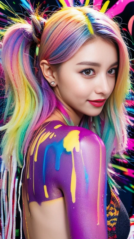 ((highest quality, 8k, masterpiece:1.3, 1 girl, beautiful girl)),((Big Breasts:1.3)), High resolution, cute, dynamism, Detailed face, Detailed skin, fine grain, Detailed lips, Realistic, RAW Photos, Natural light, Perfect Anatomy, Dynamic pose, Round ass, double eyelid, We say, Round eyes, Moist lips, Split Color Hair, Rainbow Hair, smile, ((Colorful liquid on the body, Colorful liquid, Colorful paint)), Colorful body, Colorful paint background, pubic hair, Colorful liquid dripping from the body, bangs, Hair Bun