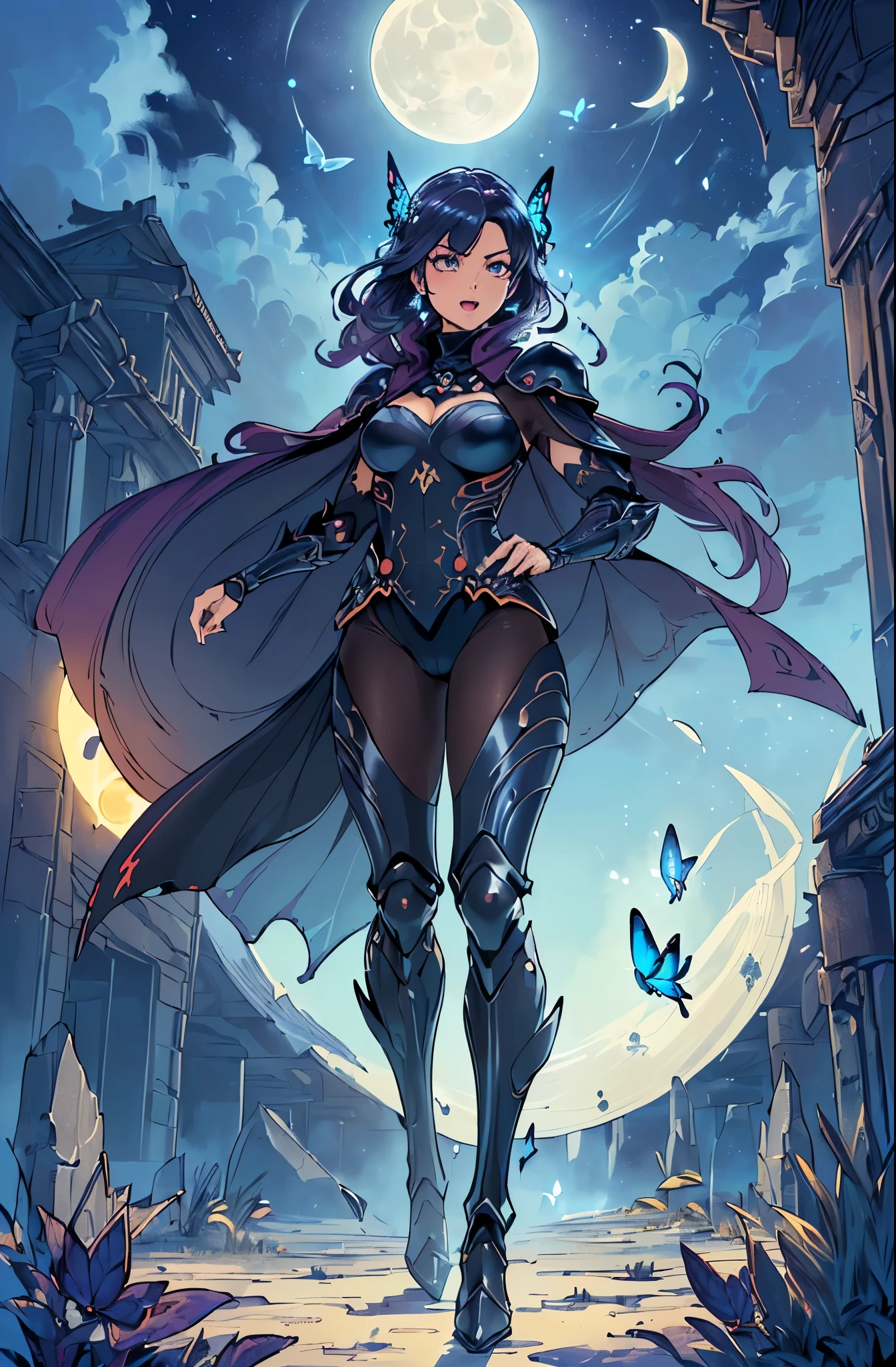 A beautiful woman, mysterious setting, (living in the shadow concept), ((((realistic oil art, 46-year-old Empress, fantasy, serious scene, vibrant look, (( Ninja, shawl, shining armor, glowing ninja armor, glowing armor, fine armor, intricate armor design, full body armor)), Tachibana Omina art style, sharp eyes gaze, half a smile, slightly open mouth, a triumph expression, floating on the sky, stay on cloud, shining with a bright moonlight, calm, breeze and moonlight, moon, clouds, butterflies in the sky, shining butterflies, beautiful shading