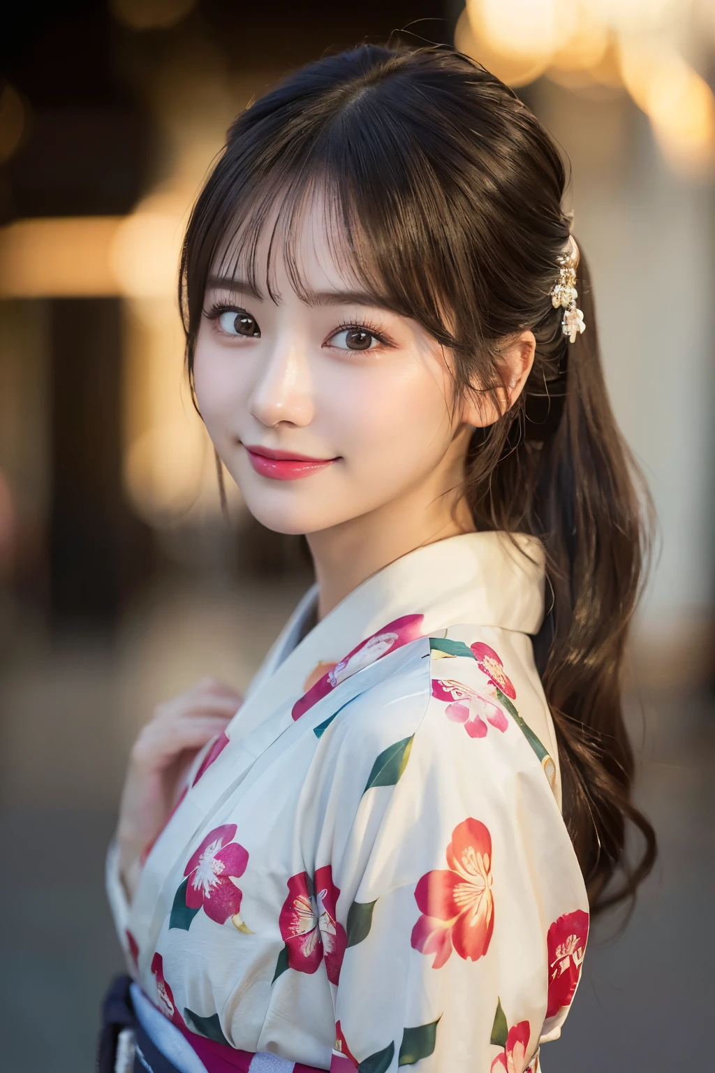 (kimono)、(highest quality、8k、High resolution、masterpiece:1.2)、Very detailed、(Realistic、photoRealistic、photo-Realistic:1.3)、Bokeh、Portraiture、Smile、(Detailed eyes、beautiful girl、Young face、Detailed face、No makeup)、Slightly backlit、Professional Lighting、Caustics