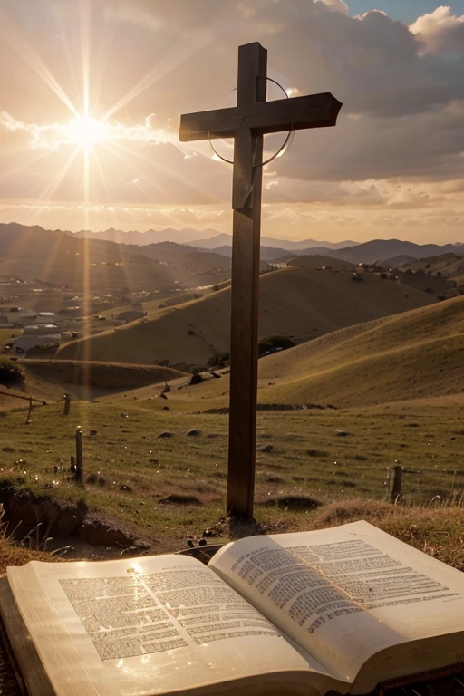 Imagine a background image with a stunning sunset, where rays of golden light pass through a majestic cross atop a hill. At the foot of the cross, an open Bible with pages gently moved by the wind. No horizonte, um caminho sinuoso iluminado pela luz do sol, simbolizando a jornada espiritual. O nome "Reflexos da Cruz" is written in elegant, shiny letters at the top, with a soft halo of light around, transmitting peace and hope.
