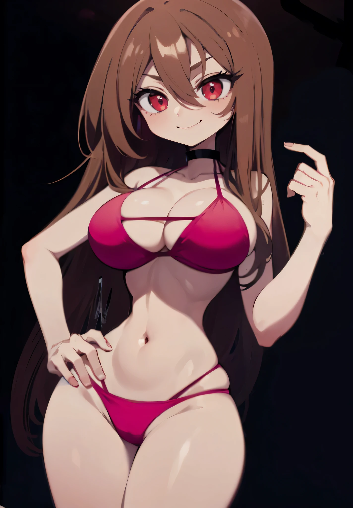 masterpiece, 4k, details, extreme details, high resolution, 1 woman, DJ , long brown hair, red eyes, mischievous face, smile, pink bikini, belly, large breasts , standing on your hips