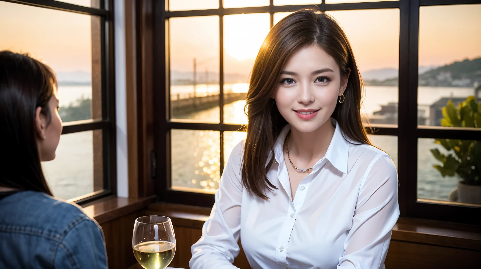 ((highest quality、8k、masterpiece:1.3))、Two beautiful women、slimなボディ、((Bob Hale、Straight hair:1.2))、(to be born, highest quality, masterpiece:1.5), (Realistic, Intricate details:1.2), Ultra-high resolution, テーブルにwine glass、Facial Lighting、Amazing view of the sunset sky and clouds、Amazing mountain views、ニコニコ明るいsmile、smileの素敵な女性、Bright image、The beauty of wine, Beautiful Face, blue eyes, The light shines on your face, Blushing, short hair,Bright Face、 (41 years old), 39 years old, Lady、red wine 、Appetizers、Italian food、Wine bottle、Champagne、sparkling wine、Two beauties、Brown Hair、Shortcuts、Long sleeve shirt、dress、Pretty Woman 1, (slimな顔), (The body is slim), (Brown Hair), (Shortcuts), cheeks turn a little red,Attractive beauty、, Out of the window, A beautiful and detailed night view unfolds.........., restaurant, In a prominent place (From the waist up) Nova Frog Style, actress, model, Upper Body, White wine, slim, wine glass, 真ん中に置かれたwine glass, smile, (smile: 1.15), Beautiful fine grain, Depth f/2,saturation, High Contrast, Strong light and shadow,Moist Body:1.5、3D texture、Delicate eyes、Brown Hair、The hair is very shiny、
