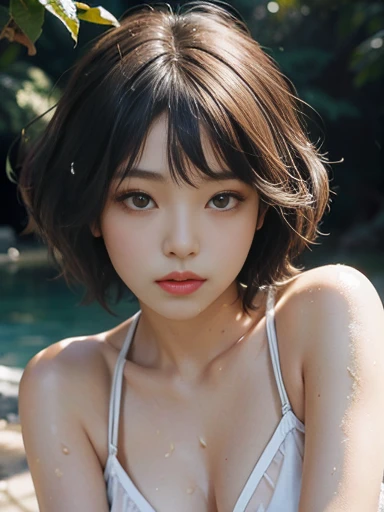 Super High-Resolution Image, Masterpiece: 1.4, 8K, Real, Raw Photo, Best Quality: 1.4, Japan Person, (1 Girl), Breathtaking Face, (Real Face: 1.4), (Short Hair: 1.3), Sexy Hairstyle, Realistic Brown Eyes, Beautiful Detailed Eyes, (Real Skin: 1.3), Attractive, Ultra High-Resolution, Ultra Realistic, High Definition, Golden Ratio, (Detailed Face: 1.4), Japanese Model: Haruna Kawaguchi, Colorless and Transparent Bikini, Short Hair, Wet and