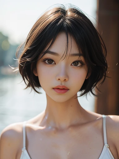 Super High-Resolution Image, Masterpiece: 1.4, 8K, Real, Raw Photo, Best Quality: 1.4, Japan Person, (1 Girl), Breathtaking Face, (Real Face: 1.4), (Short Hair: 1.3), Sexy Hairstyle, Realistic Brown Eyes, Beautiful Detailed Eyes, (Real Skin: 1.3), Attractive, Ultra High-Resolution, Ultra Realistic, High Definition, Golden Ratio, (Detailed Face: 1.4), Japanese Model: Haruna Kawaguchi, Colorless and Transparent Bikini, Short Hair, Wet and