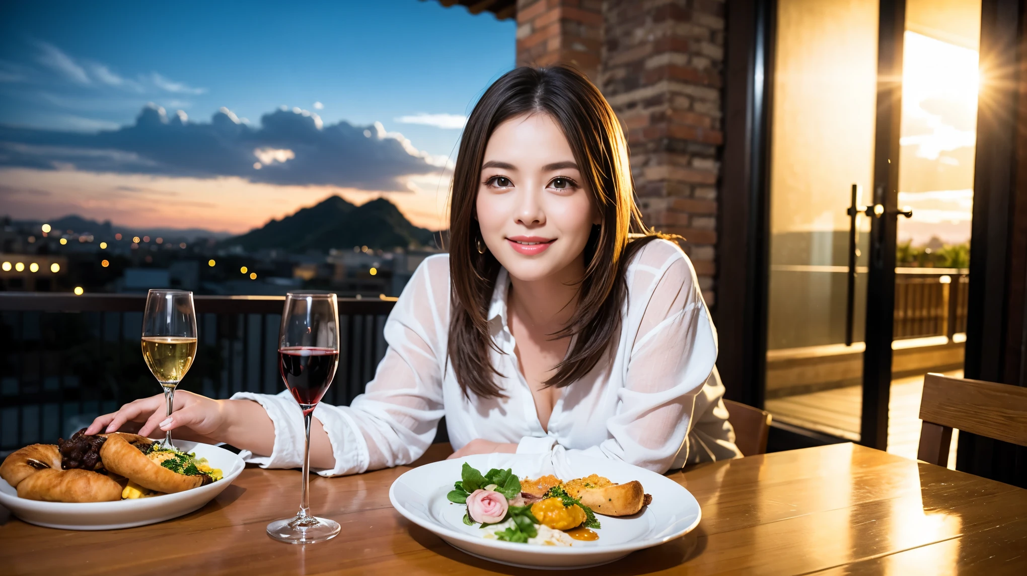 ((highest quality、8k、masterpiece:1.3))、Two beautiful women、slimなボディ、((Bob Hale、Straight hair:1.2))、(to be born, highest quality, masterpiece:1.5), (Realistic, Intricate details:1.2), Ultra-high resolution, テーブルにwine glass、Facial Lighting、Amazing view of the sunset sky and clouds、Amazing mountain views、ニコニコ明るいsmile、smileの素敵な女性、Bright image、The beauty of wine, Beautiful Face, blue eyes, The light shines on your face, Blushing, short hair,Bright Face、 (41 years old), 39 years old, Lady、red wine 、Appetizers、Italian food、Wine bottle、Champagne、sparkling wine、Two beauties、Brown Hair、Shortcuts、Long sleeve shirt、dress、Pretty Woman 1, (slimな顔), (The body is slim), (Brown Hair), (Shortcuts), cheeks turn a little red,Attractive beauty、, Out of the window, A beautiful and detailed night view unfolds.........., restaurant, In a prominent place (From the waist up) Nova Frog Style, actress, model, Upper Body, White wine, slim, wine glass, 真ん中に置かれたwine glass, smile, (smile: 1.15), Beautiful fine grain, Depth f/2,saturation, High Contrast, Strong light and shadow,Moist Body:1.5、3D texture、Delicate eyes、Brown Hair、The hair is very shiny、