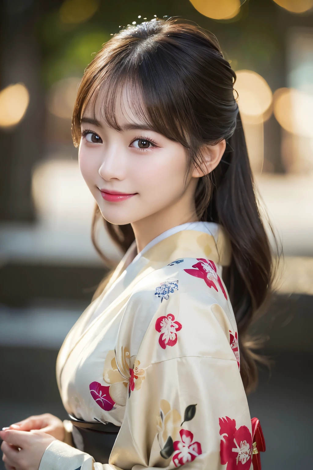 (kimono)、(highest quality、8k、High resolution、masterpiece:1.2)、Very detailed、(Realistic、photoRealistic、photo-Realistic:1.3)、Bokeh、Portraiture、Smile、(Detailed eyes、beautiful girl、Young face、Detailed face、No makeup)、Slightly backlit、Professional Lighting、Caustics